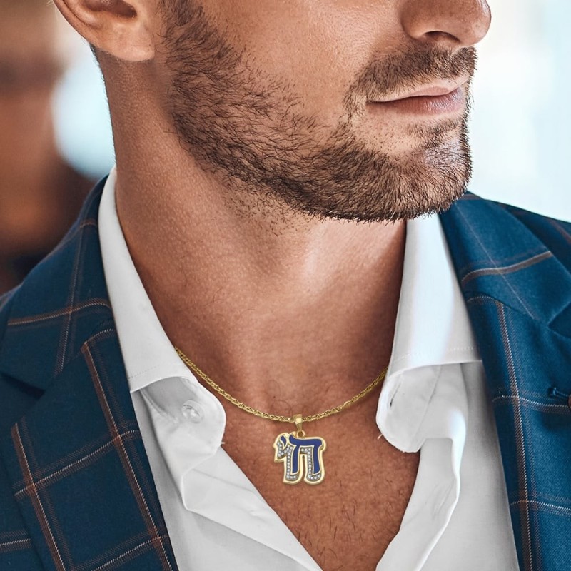 14K Gold Chai Pendant with Diamonds and Enamel