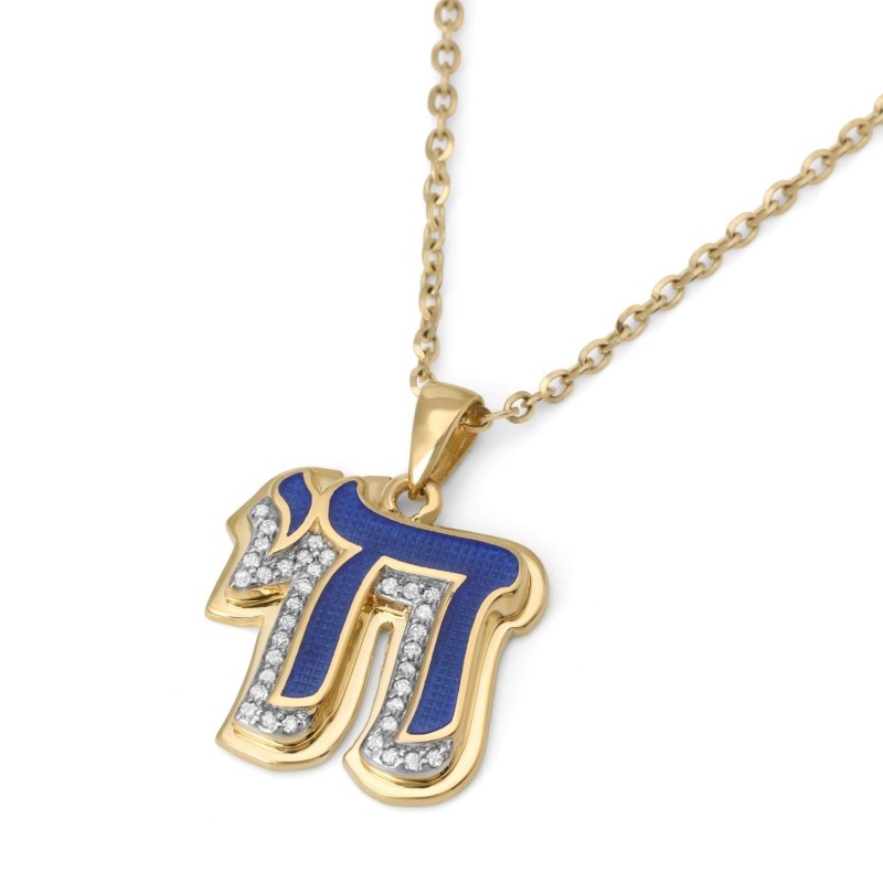 14K Gold Chai Pendant with Diamonds and Enamel