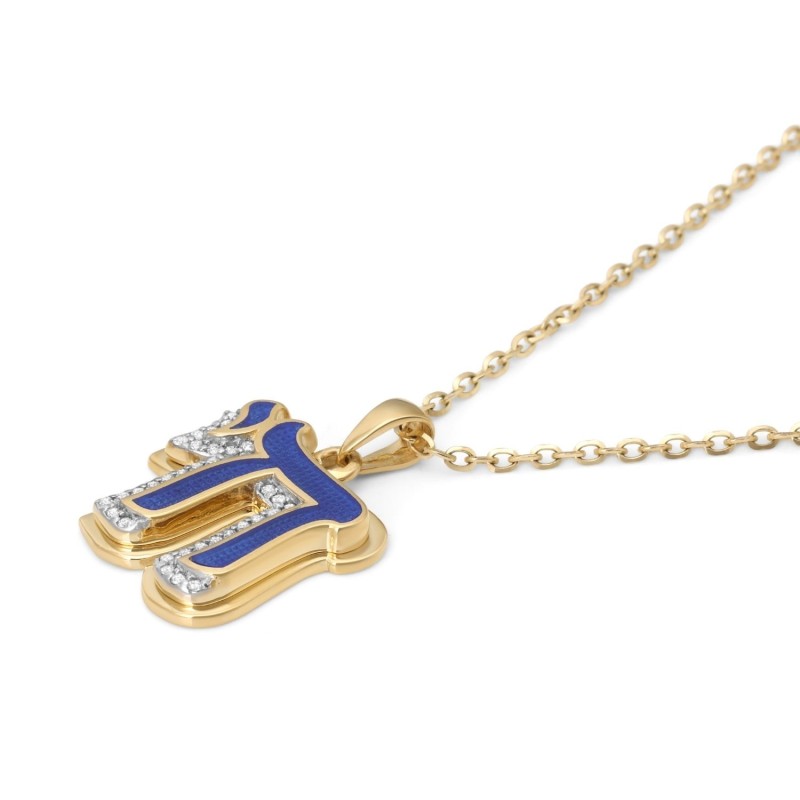 Pendentif Chai en or 14 carats avec diamants et émail