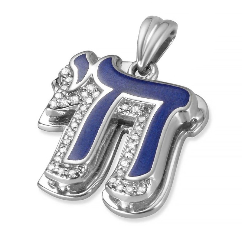 Pendentif Chai en or 14 carats avec diamants et émail