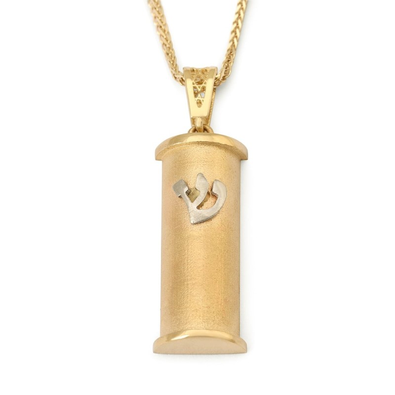 Collier de luxe avec pendentif tibia et étui Mezuzah en or 14 carats