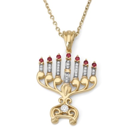 Pendentif menorah à 7 branches pour femme en or 14 carats avec diamants et rubis