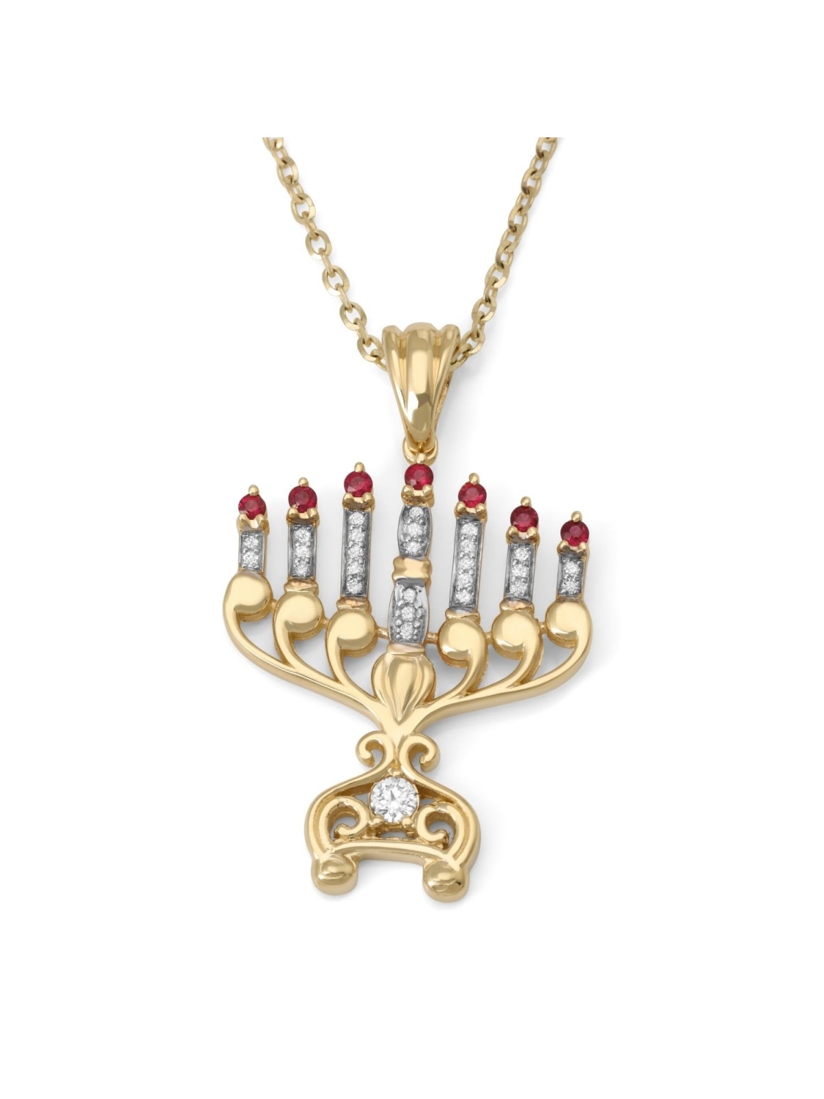 Pendentif menorah à 7 branches pour femme en or 14 carats avec diamants et rubis