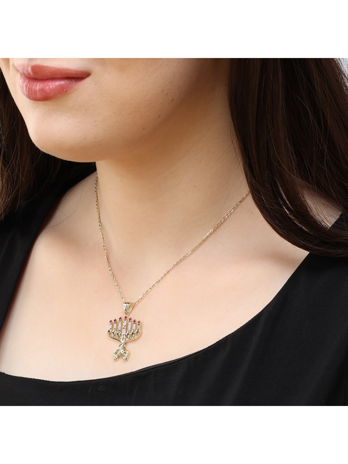 14K Gold Women's 7-Branch Menorah Pendant with Diamonds and Rubies