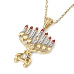 14K Gold Women's 7-Branch Menorah Pendant with Diamonds and Rubies