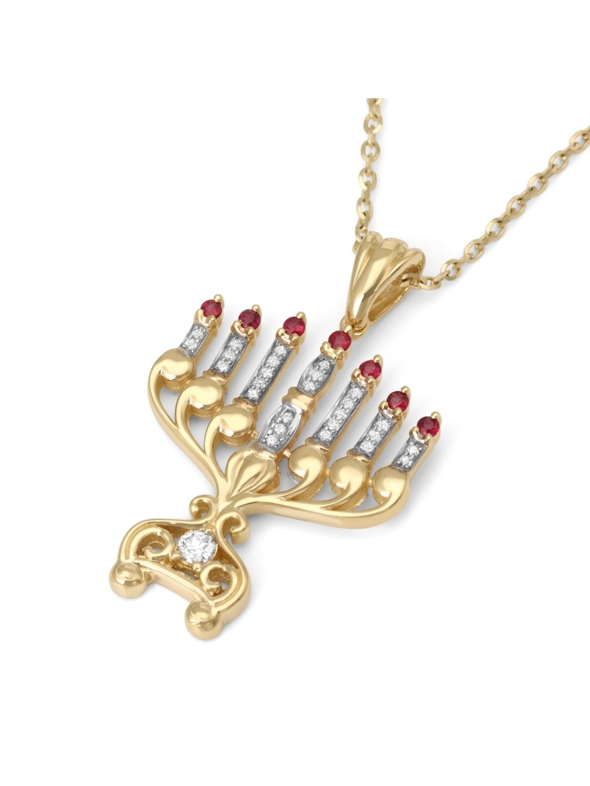 Pendentif menorah à 7 branches pour femme en or 14 carats avec diamants et rubis
