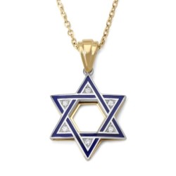 14K Gold & Diamond Blue Enamel Star of David Pendant Necklace