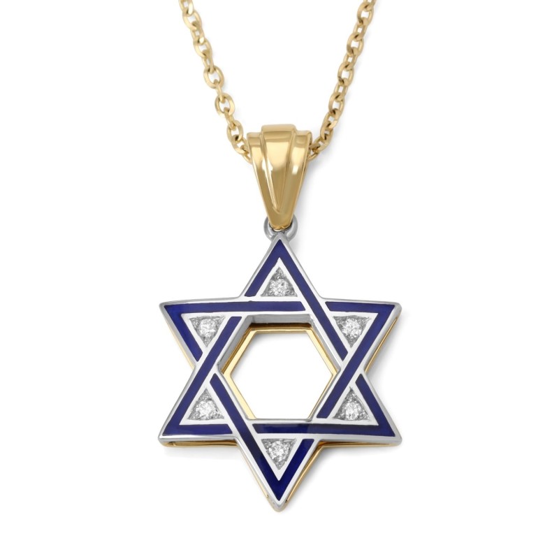 Collier pendentif étoile de David en or 14 carats et diamants en émail bleu