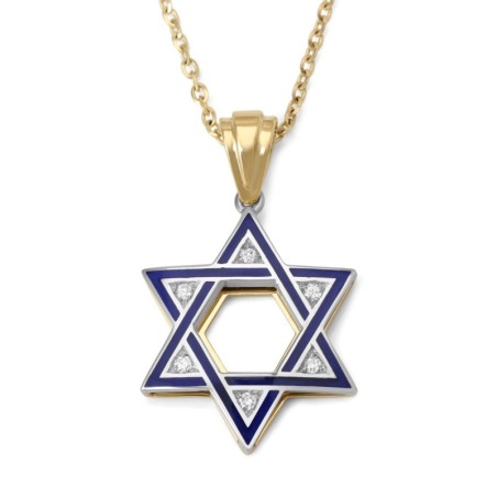 Collier pendentif étoile de David en or 14 carats et diamants en émail bleu