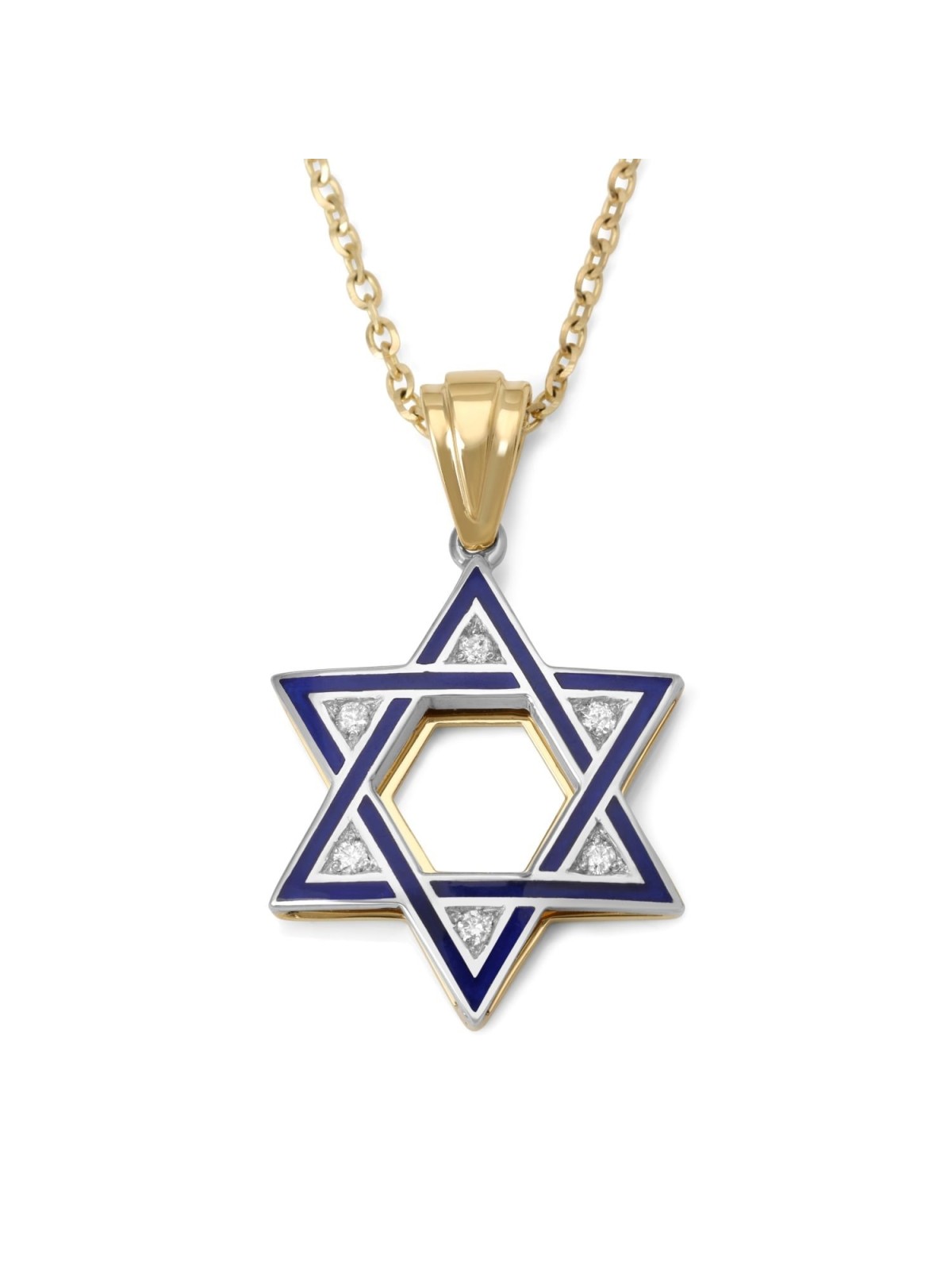Collier pendentif étoile de David en or 14 carats et diamants en émail bleu