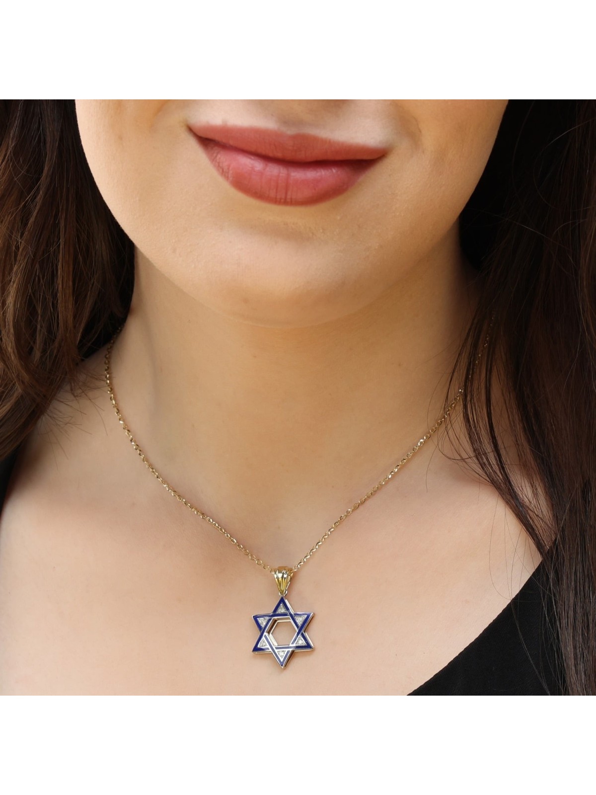 14K Gold & Diamond Blue Enamel Star of David Pendant Necklace