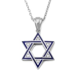 14K Gold & Diamond Blue Enamel Star of David Pendant Necklace
