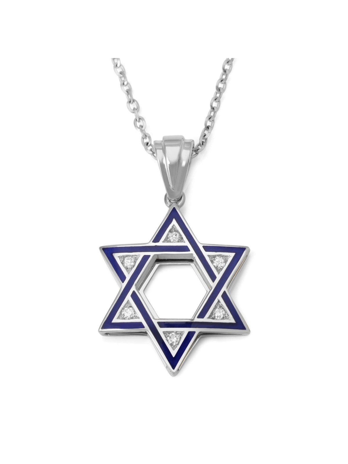 Collier pendentif étoile de David en or 14 carats et diamants en émail bleu