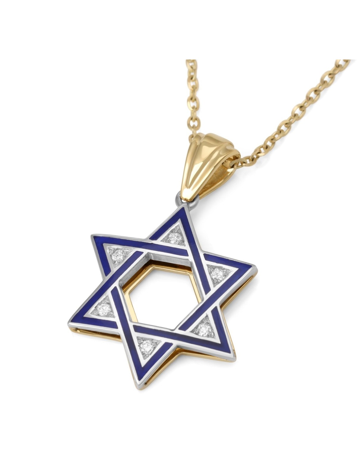 Collier pendentif étoile de David en or 14 carats et diamants en émail bleu