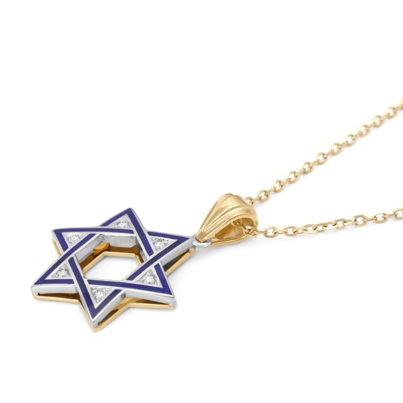 Collier pendentif étoile de David en or 14 carats et diamants en émail bleu