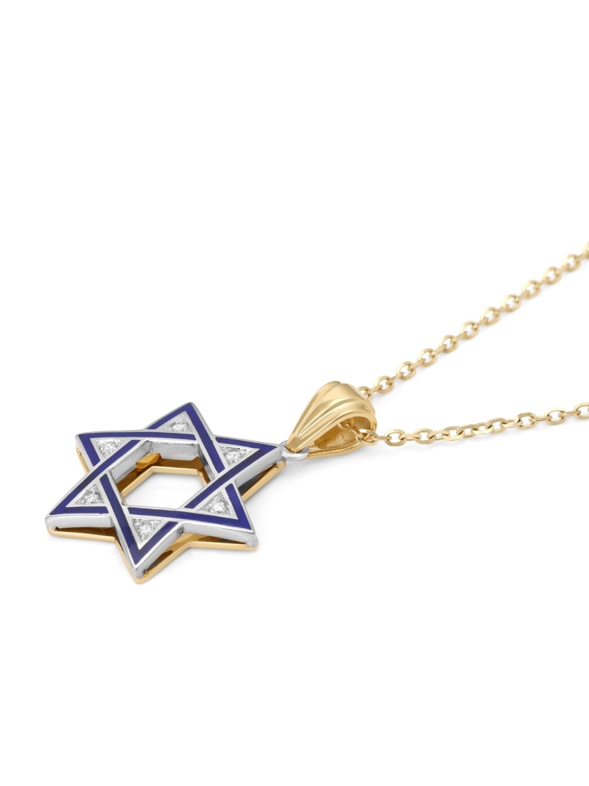 14K Gold & Diamond Blue Enamel Star of David Pendant Necklace
