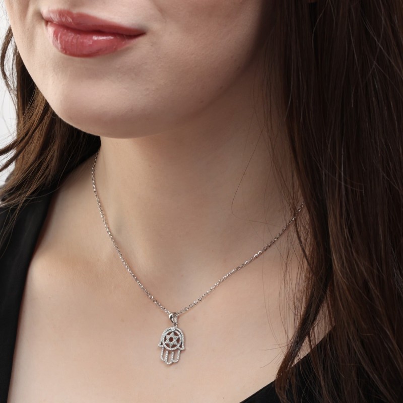 Pendentif Hamsa et étoile de David en or 14 carats avec diamants pour femme