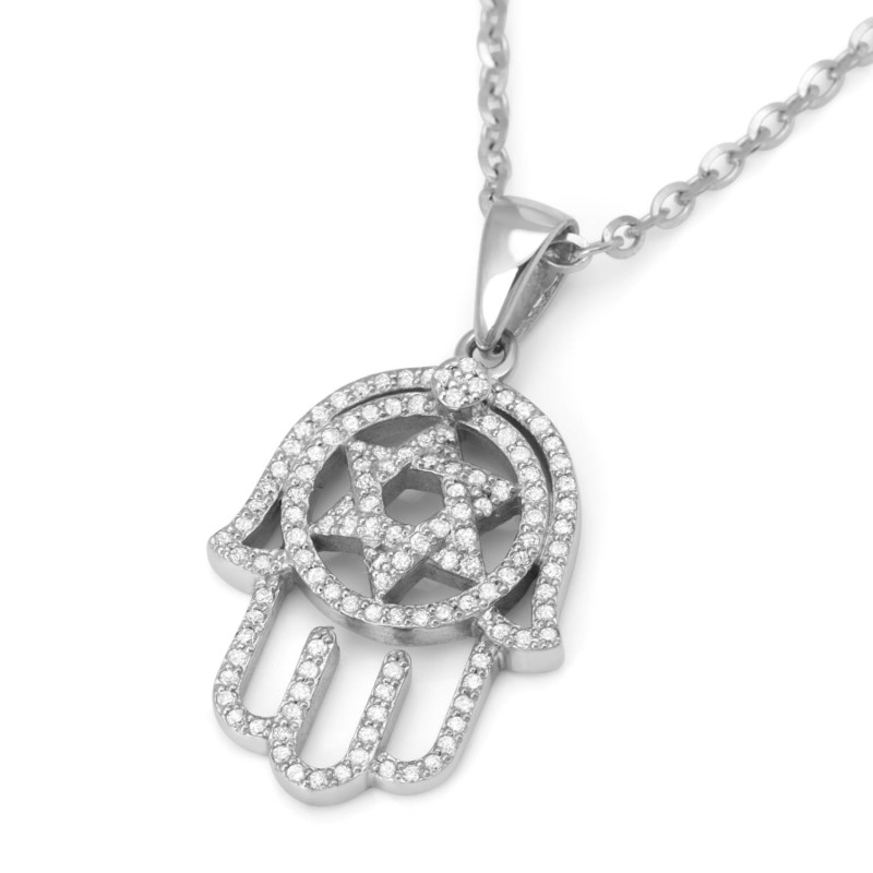 Pendentif Hamsa et étoile de David en or 14 carats avec diamants pour femme