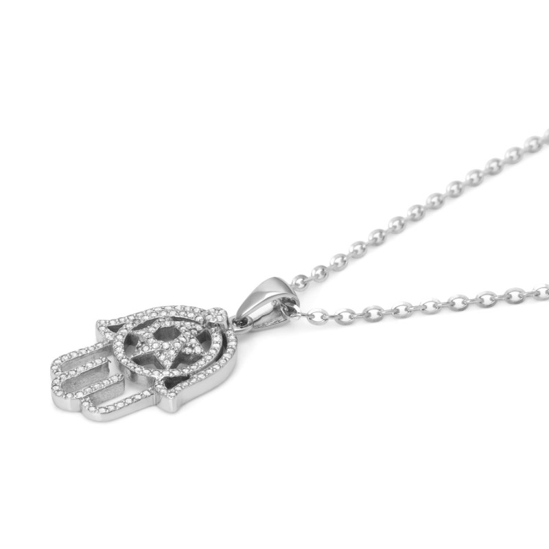 14K Gold Hamsa and Star of David Pendant with Diamonds for Women