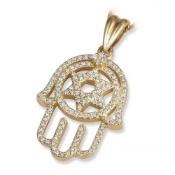 14K Gold Hamsa and Star of David Pendant with Diamonds for Women