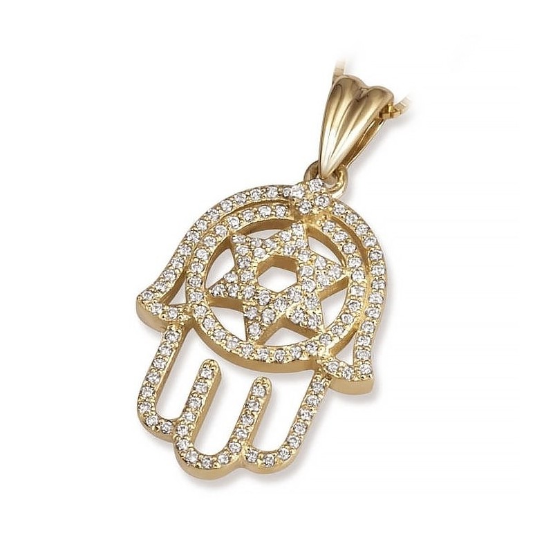14K Gold Hamsa and Star of David Pendant with Diamonds for Women