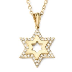 14K Gold Star of David Necklace Pendant for Women with White Diamonds