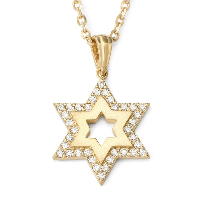 14K Gold Star of David Necklace Pendant for Women with White Diamonds