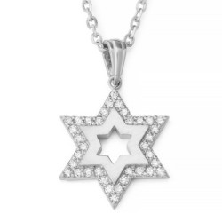 14K Gold Star of David Necklace Pendant for Women with White Diamonds