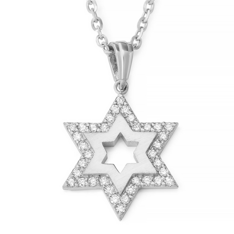14K Gold Star of David Necklace Pendant for Women with White Diamonds