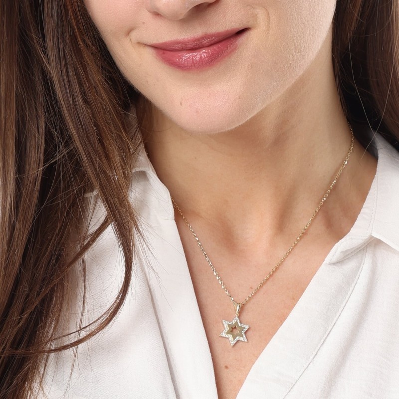 Collier pendentif étoile de David en or 14 carats pour femme avec diamants blancs