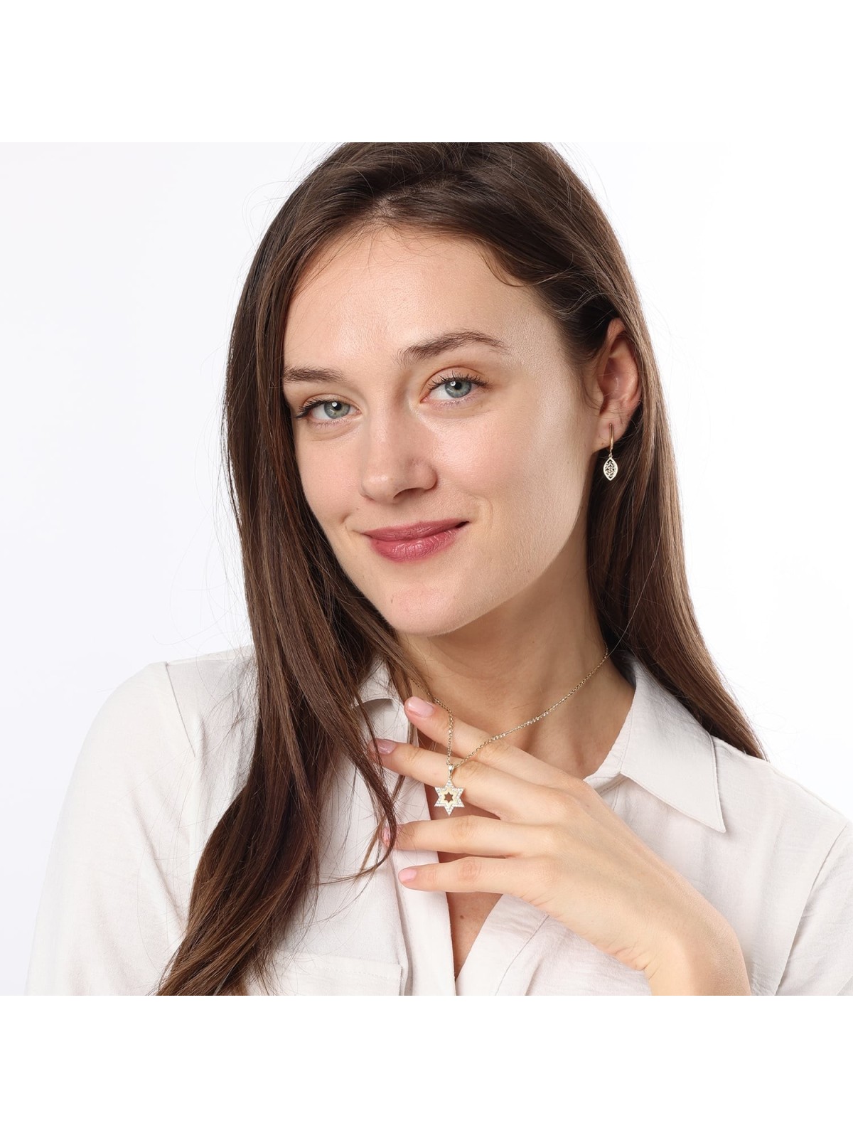 14K Gold Star of David Necklace Pendant for Women with White Diamonds