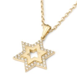 14K Gold Star of David Necklace Pendant for Women with White Diamonds