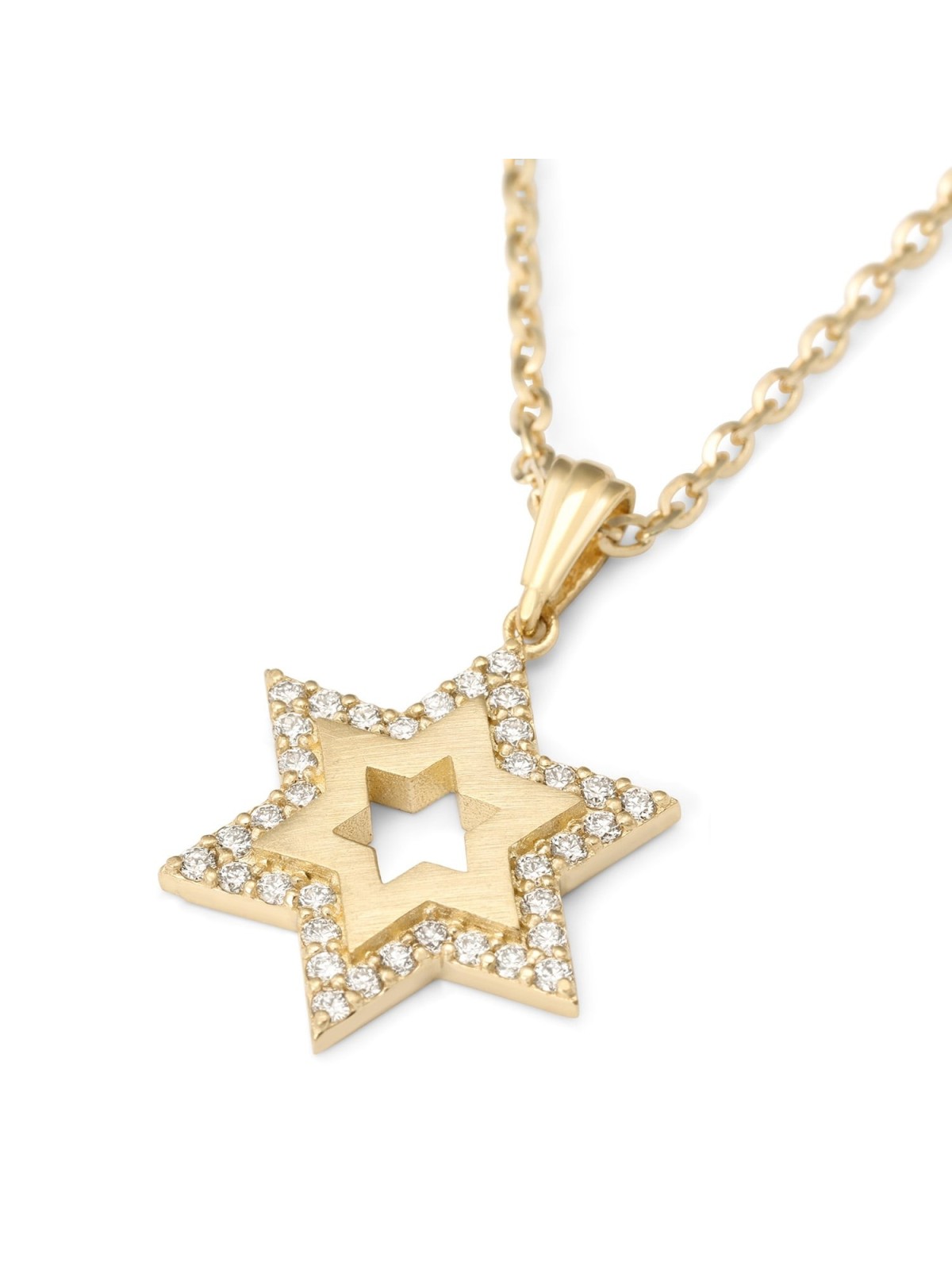 14K Gold Star of David Necklace Pendant for Women with White Diamonds