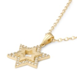 14K Gold Star of David Necklace Pendant for Women with White Diamonds