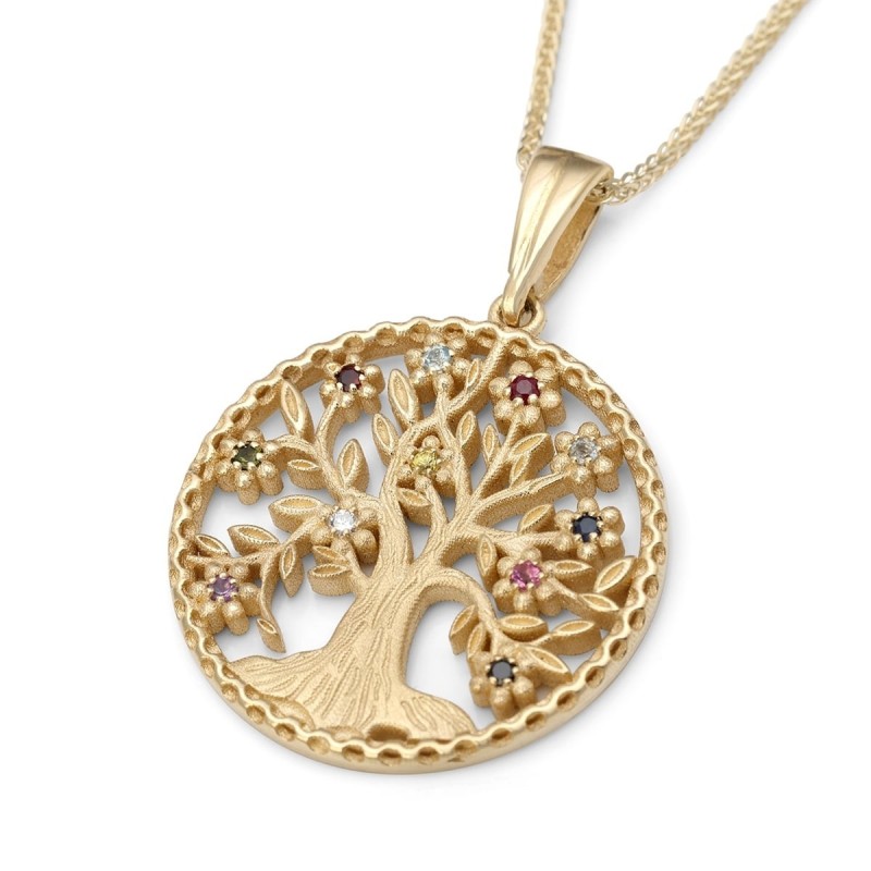 Collier pendentif arbre de vie de luxe en or jaune 14 carats avec hos colorés
