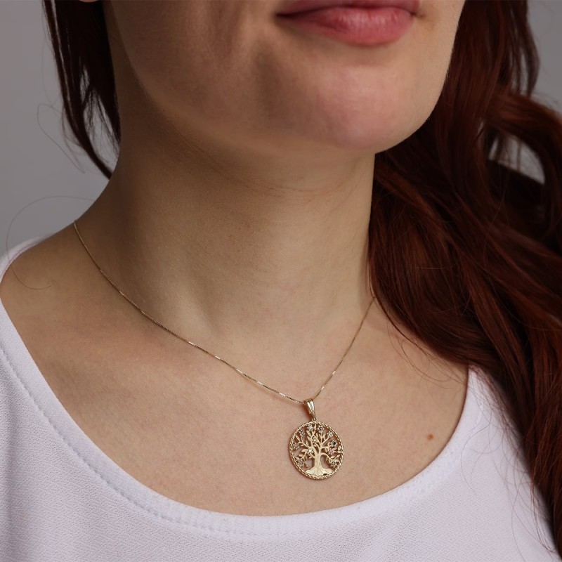 Collier pendentif arbre de vie de luxe en or jaune 14 carats avec hos colorés
