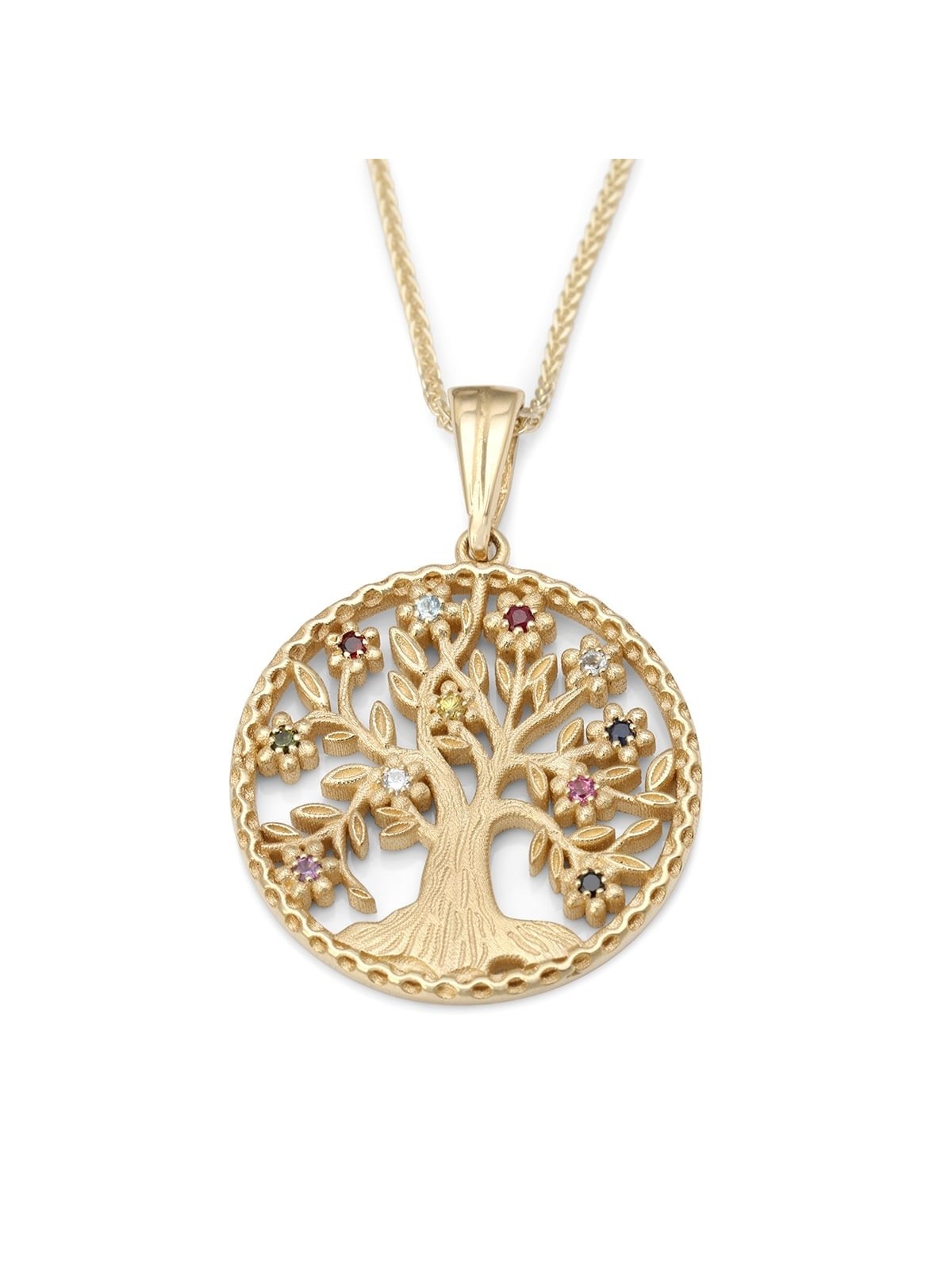 Collier pendentif arbre de vie de luxe en or jaune 14 carats avec hos colorés