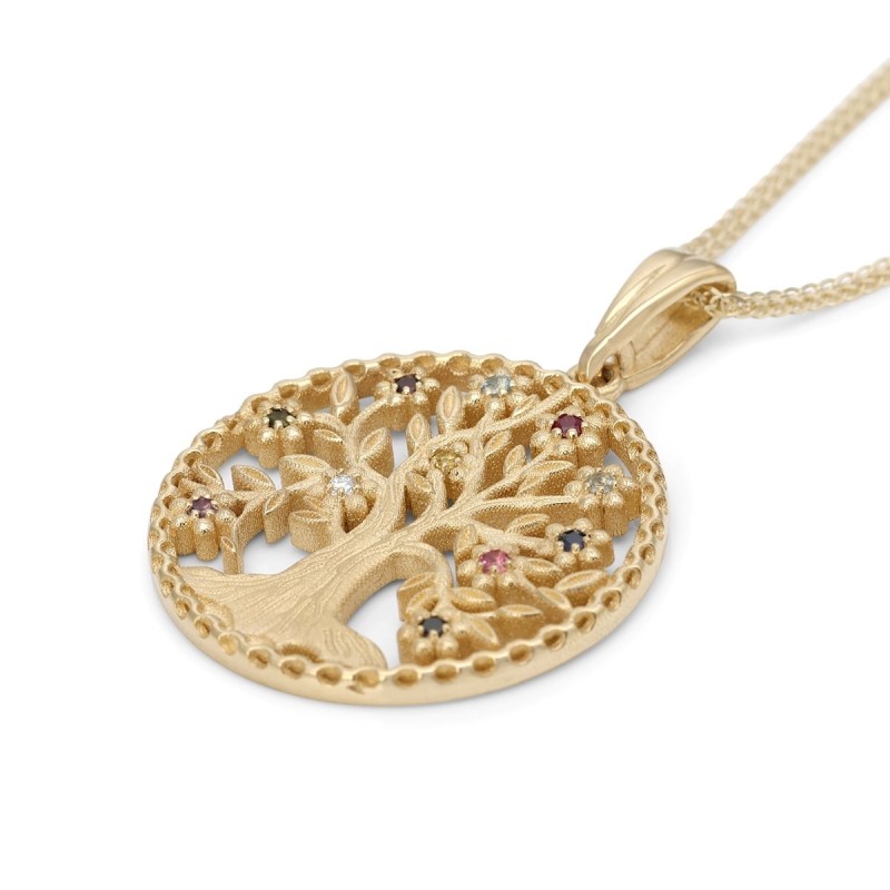 Collier pendentif arbre de vie de luxe en or jaune 14 carats avec hos colorés