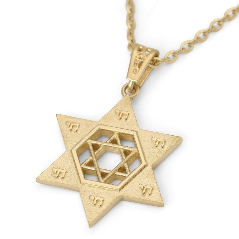 Pendentif unisexe Chai et étoile de David en or 14 carats