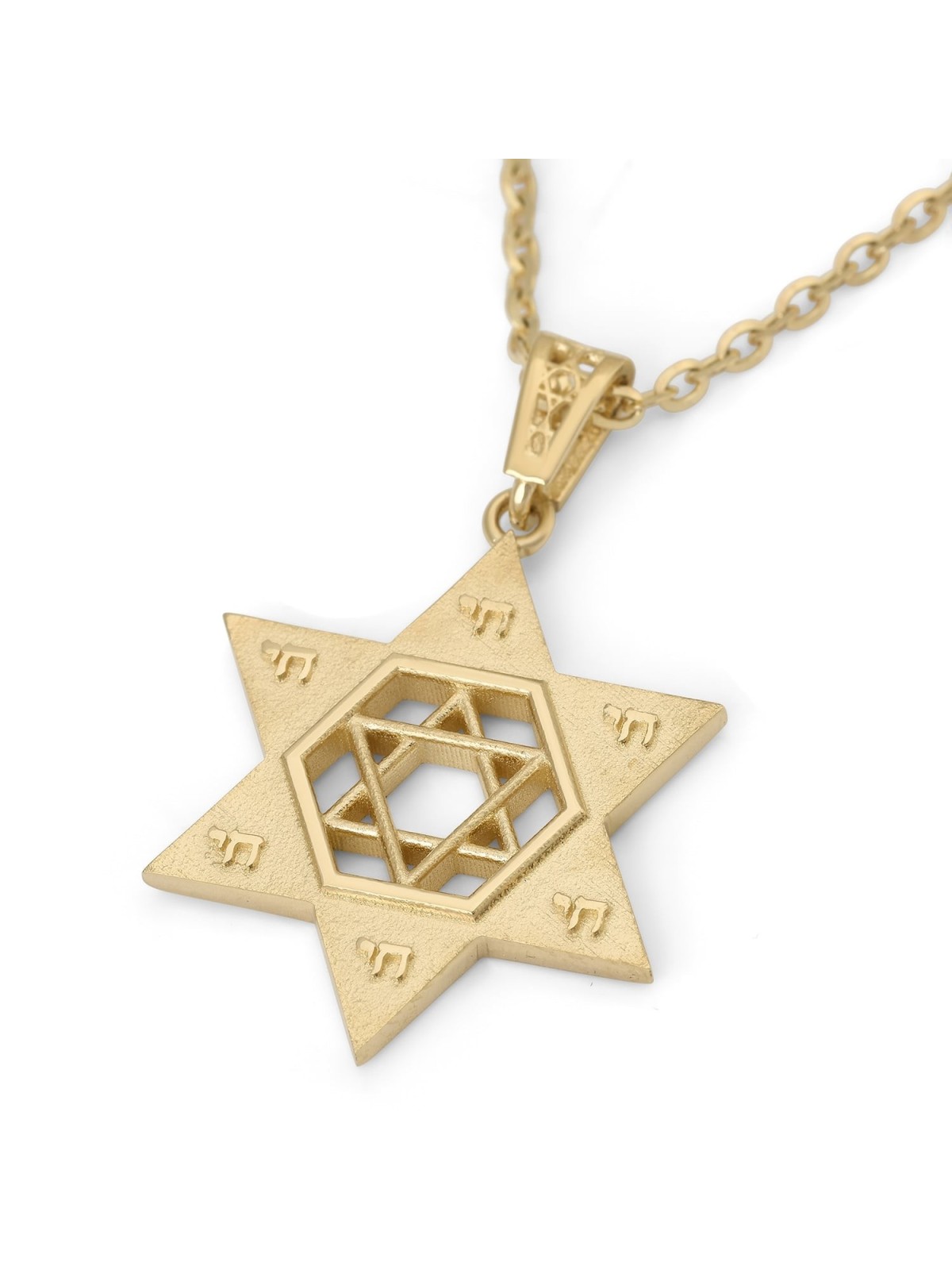 Pendentif unisexe Chai et étoile de David en or 14 carats