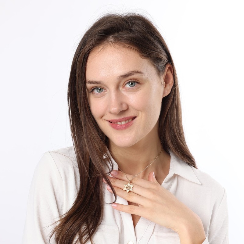 Pendentif unisexe Chai et étoile de David en or 14 carats