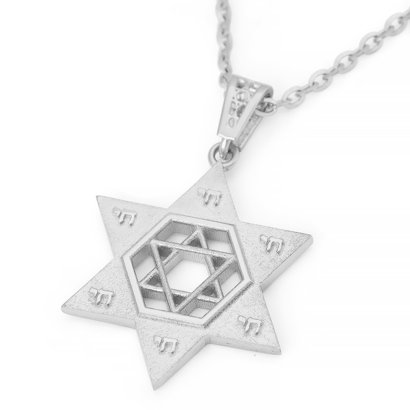 Pendentif unisexe Chai et étoile de David en or 14 carats