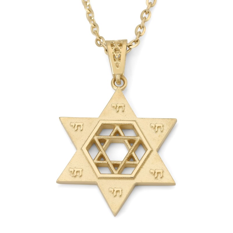 Pendentif unisexe Chai et étoile de David en or 14 carats