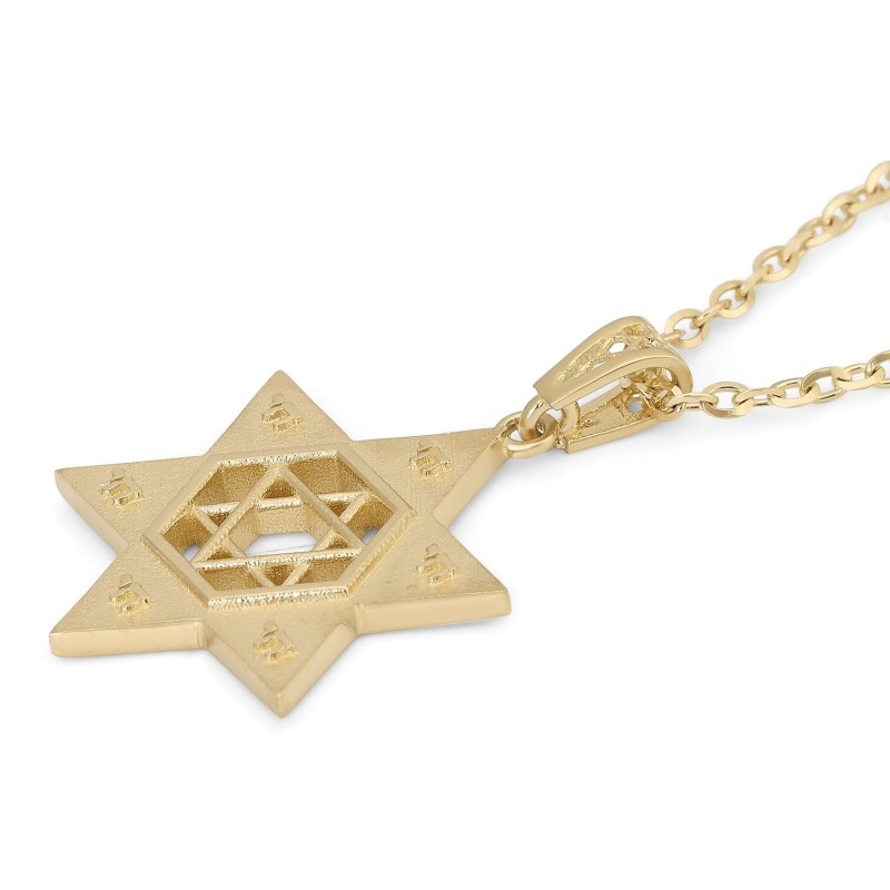 Pendentif unisexe Chai et étoile de David en or 14 carats
