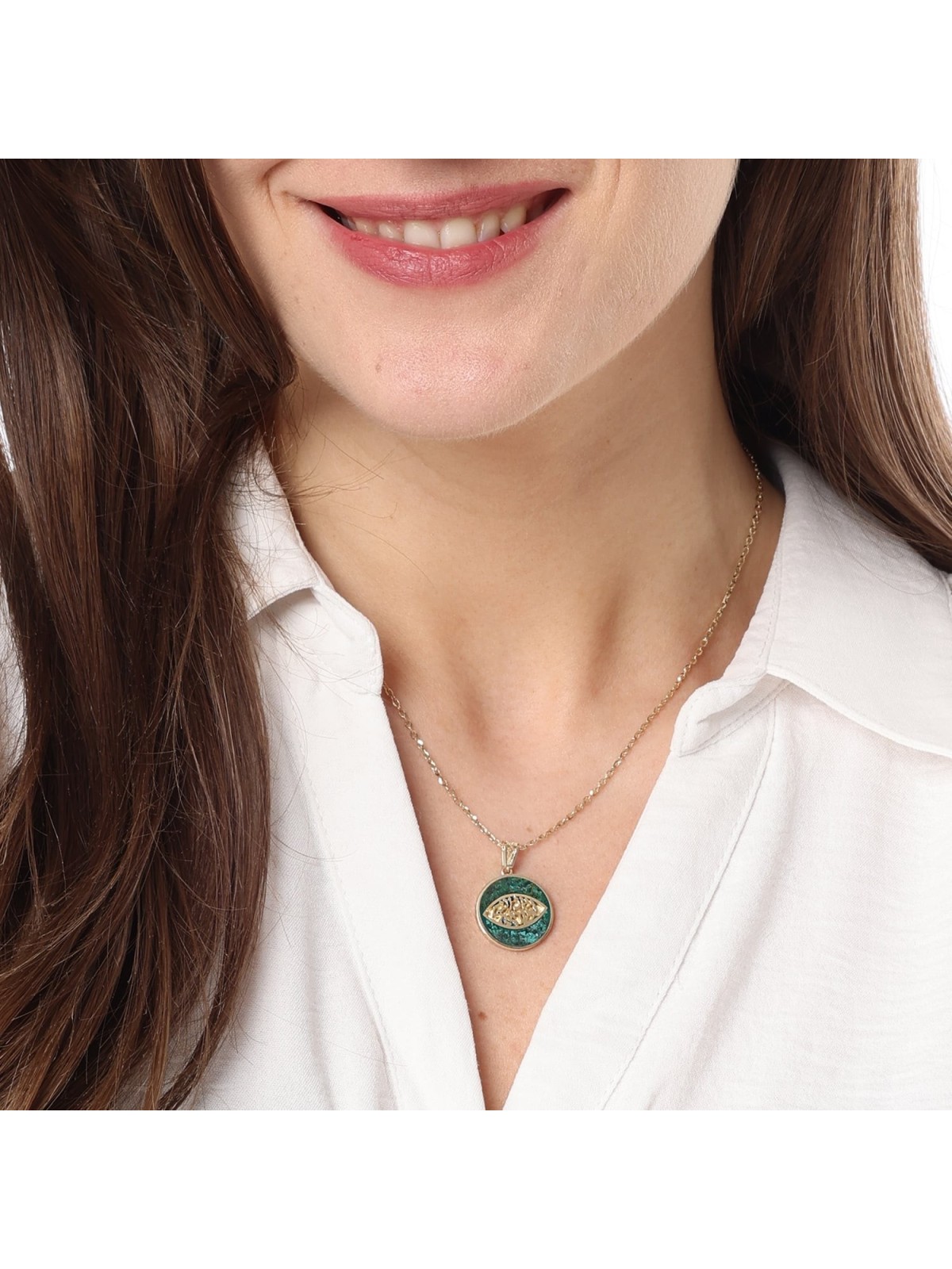 14K Gold Round Shema Yisrael Pendant with Eilat Stone and Evil Eye