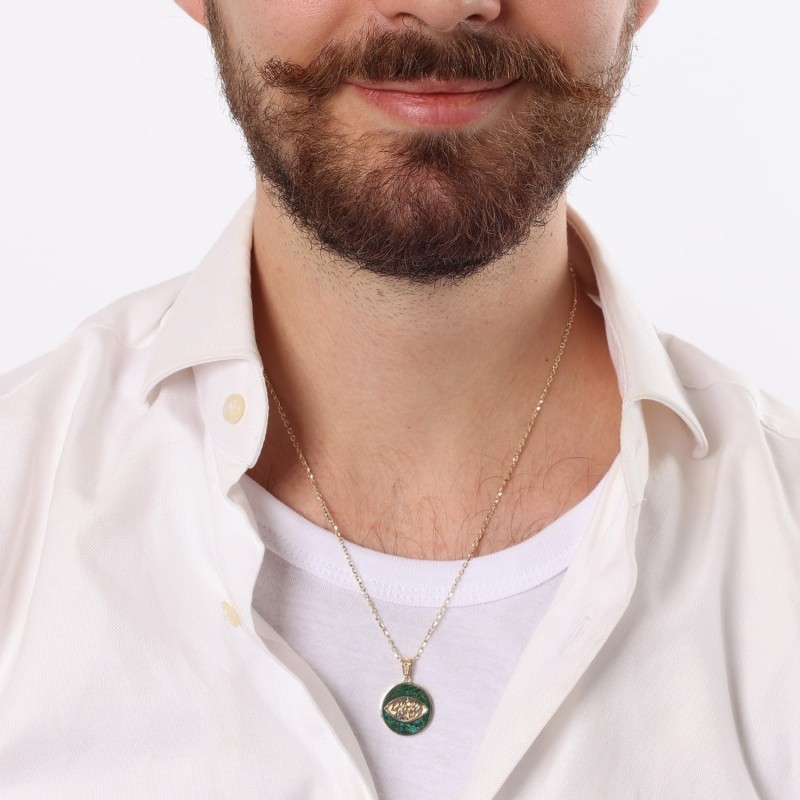 Pendentif Shema Yisrael rond en or 14 carats avec pierre d’Eilat et mauvais œil