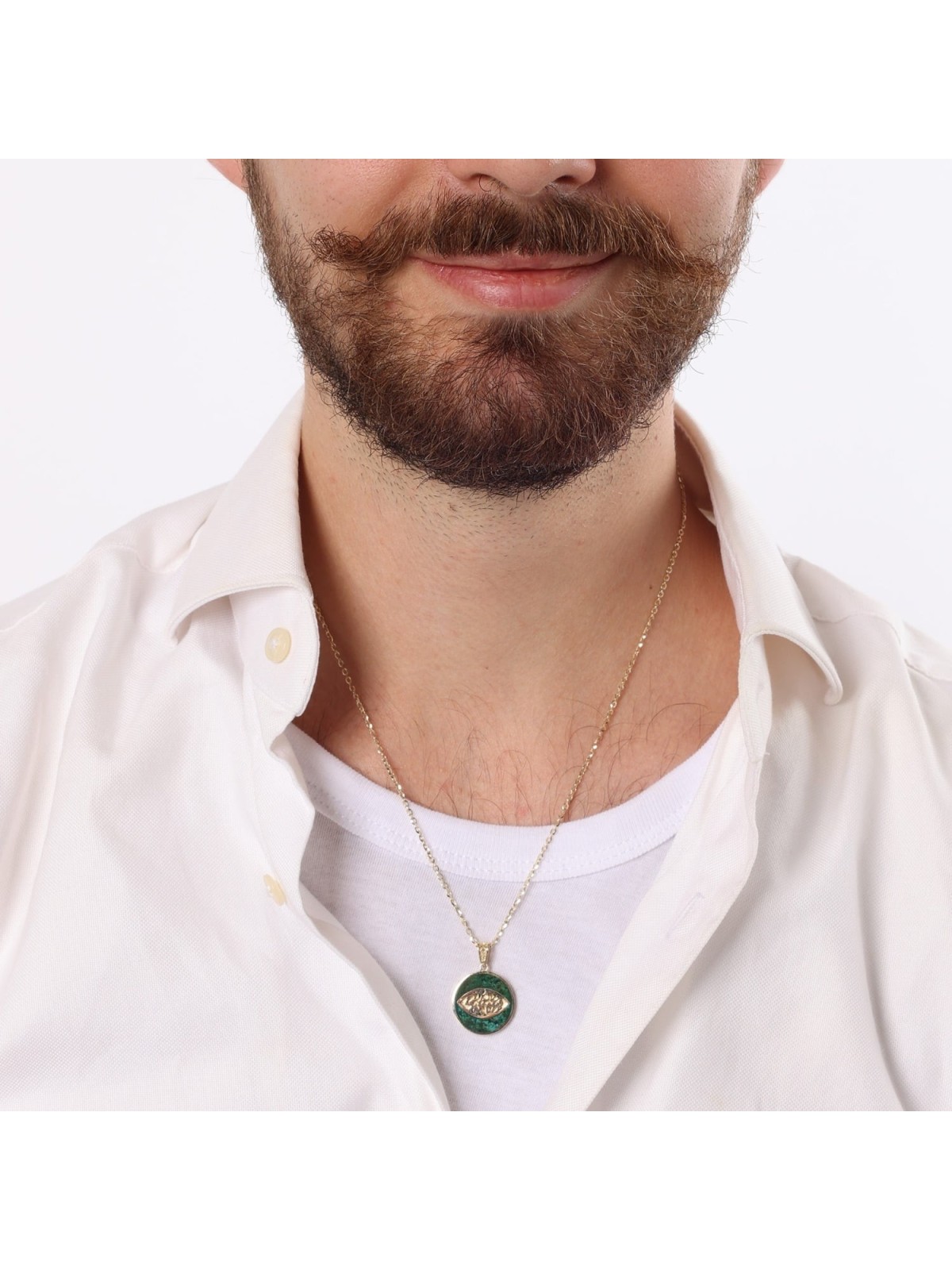 Pendentif Shema Yisrael rond en or 14 carats avec pierre d’Eilat et mauvais œil