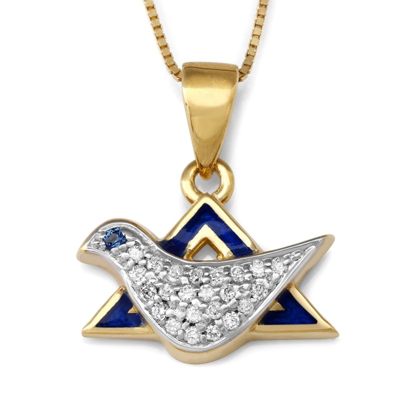 Collier avec pendentif colombe et étoile de David en or 14 carats et diamants pour femme