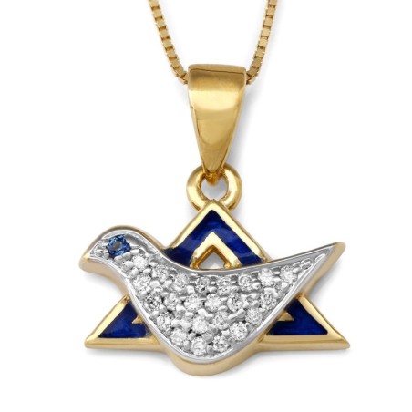 Collier avec pendentif colombe et étoile de David en or 14 carats et diamants pour femme