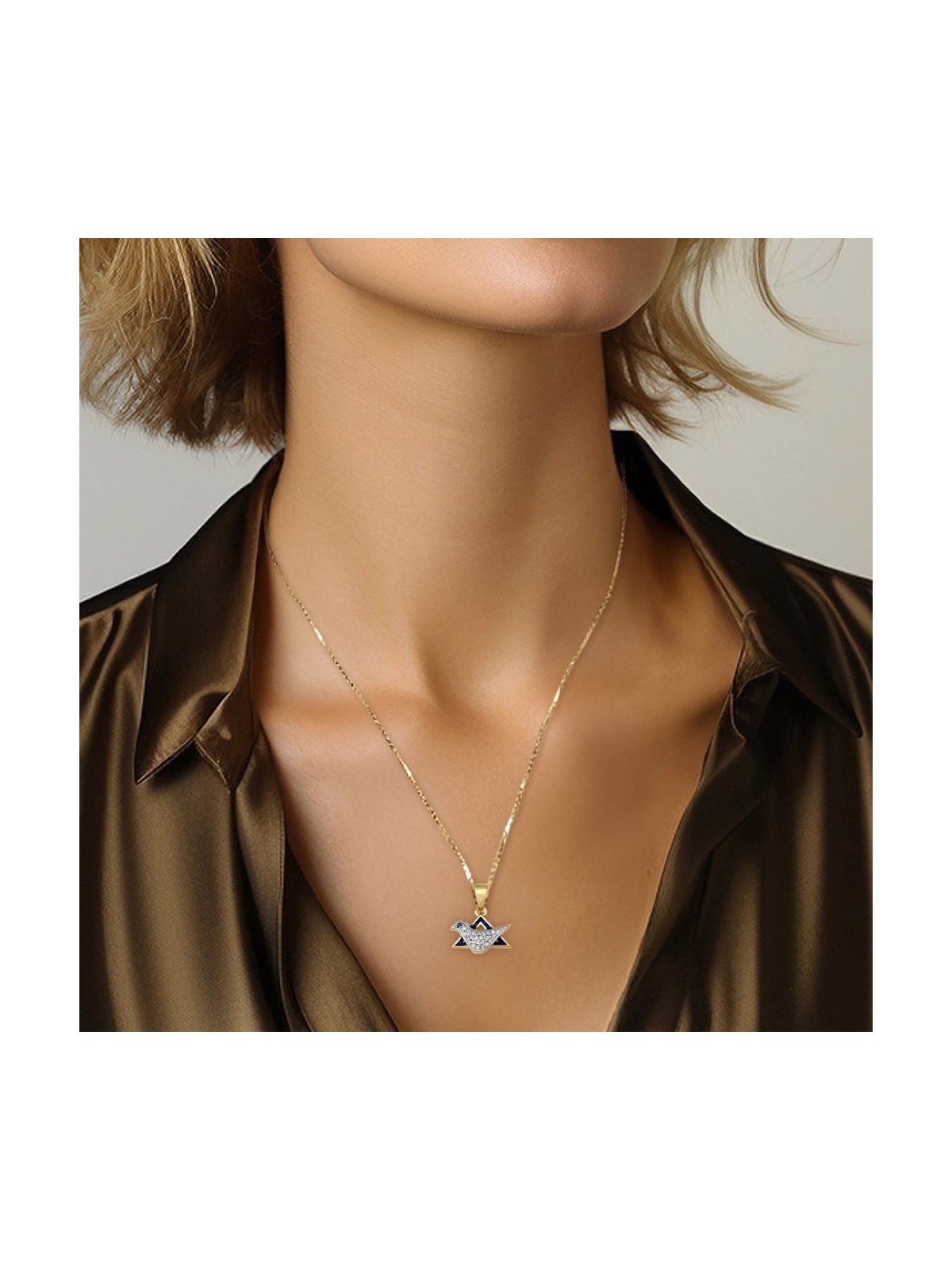 14K Gold Diamond Dove Star of David Pendant Necklace for Women